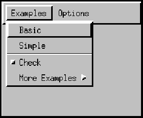 Basic、Simple、Check、および More Examples という項目を含む Examples というラベルの付いたメニュー。Check 項目はオフ状態の CheckBoxMenuItem インスタンス。