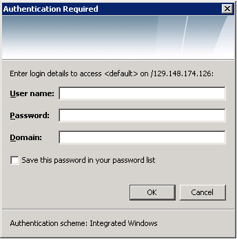NTLM 認証が必要です。ユーザー名、パスワード、およびドメイン名を指定します。